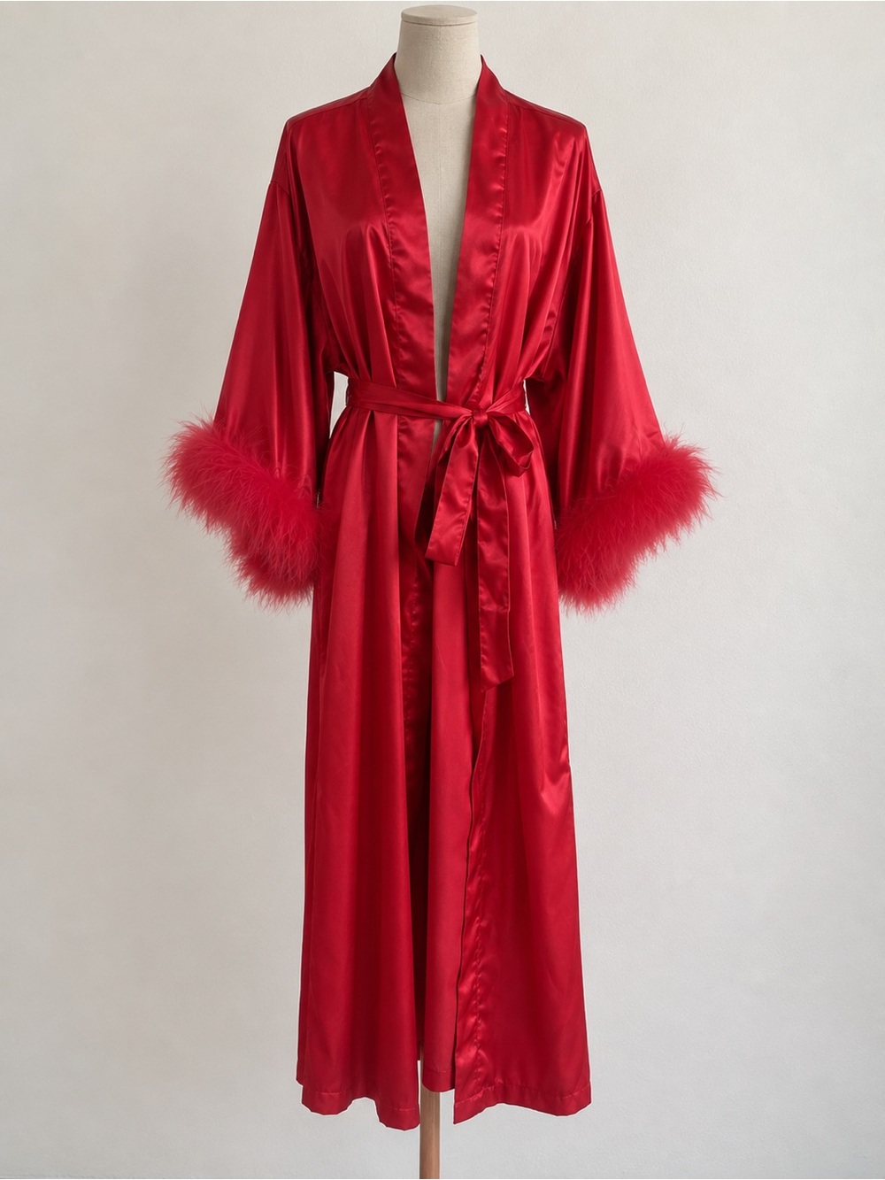 Val-Mode Vintage Red Satin Robe Medium Feather Trim Belted Long Lingerie